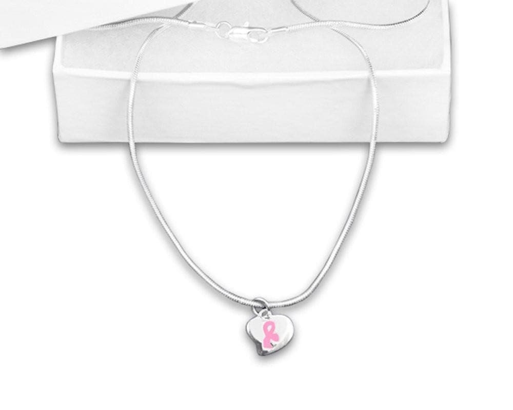 Breast Cancer Awareness Puffed Heart Charm Pink Ribbon Necklace - The House of Awareness
