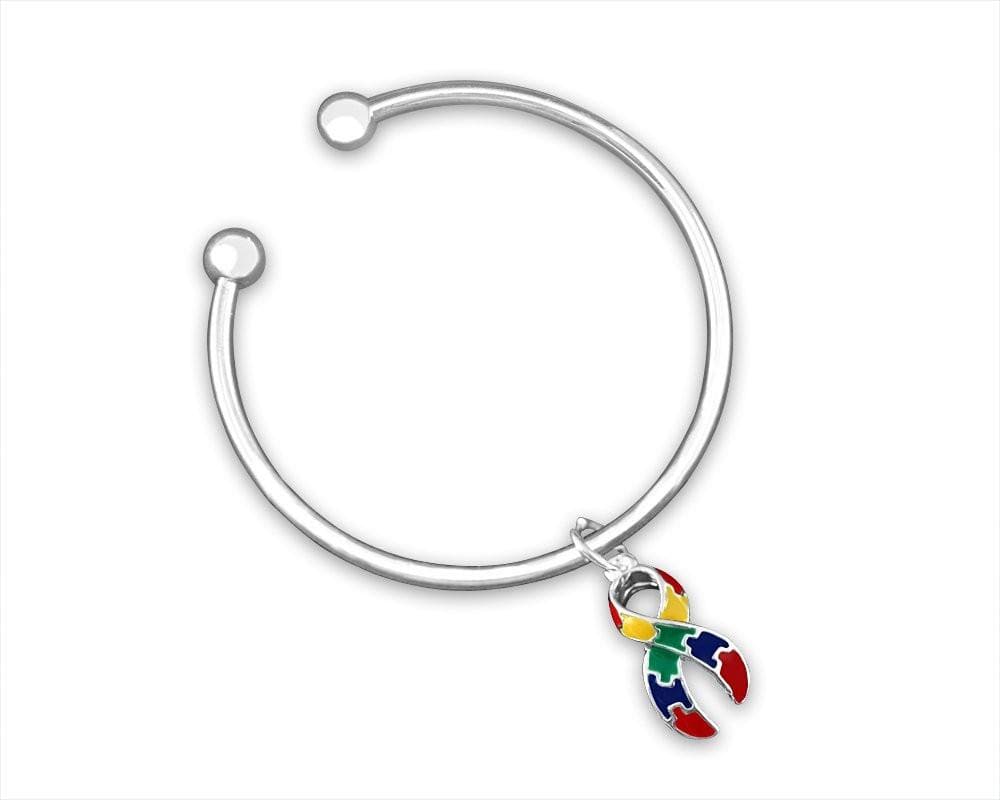 Open Bangle Bracelet with Large Autism ASD Ribbon Charm - The House of Awareness
