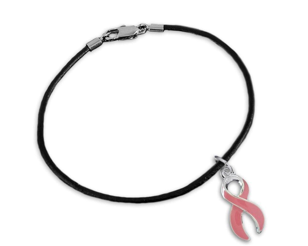 Breast Cancer Awareness Large Pink Ribbon Charm on Black Cord Bracelet - The House of Awareness