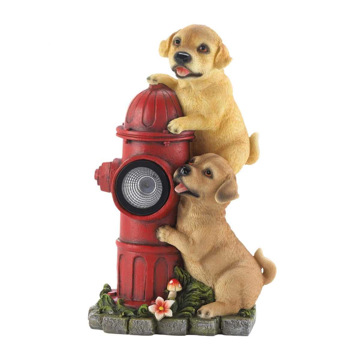 2 Dogs and Red Fire Hydrant Solar Statue - The House of Awareness