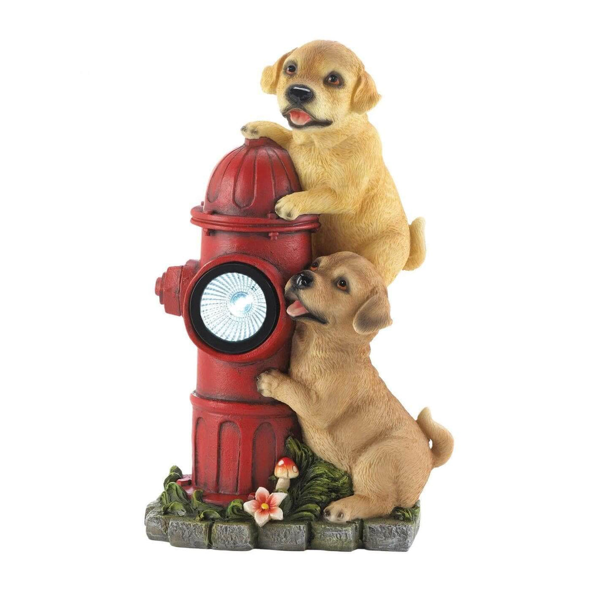 2 Dogs and Red Fire Hydrant Solar Statue - The House of Awareness