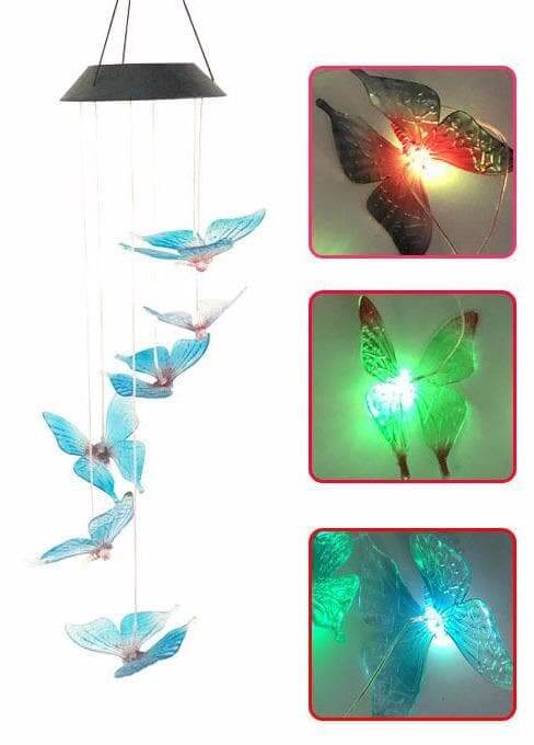 Color Changing Solar Six Blue Butterfly Wind Chimes- The House of Awareness