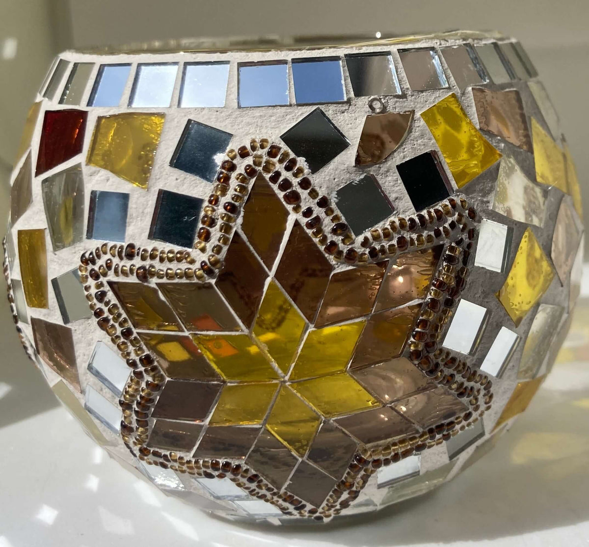 Mosaic Silver and Brown Circle and Star Candle Holder- The House of Awareness