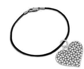 Autism Puzzle Piece Heart Charm on Black Cord Bracelet - The House of Awareness
