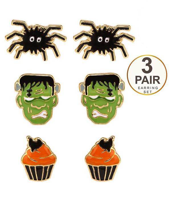 Halloween Theme 3 Pair Earring Set With a Black Spider - The House of Awareness