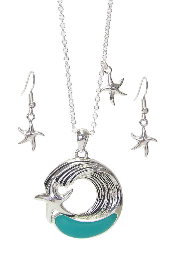 Sea Glass Starfish and Wave Sea life Theme Pendant Necklace Set
