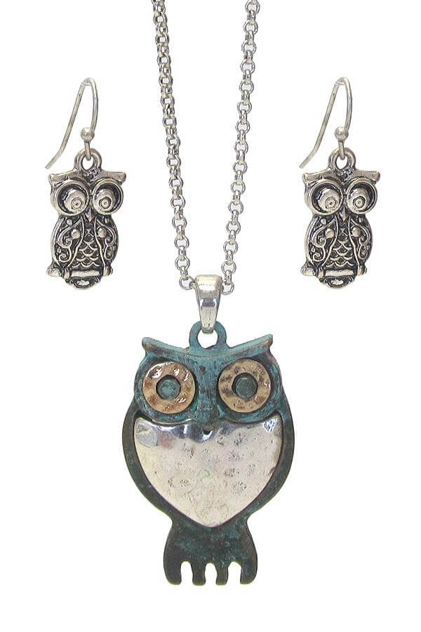 Metal Owl Pendant Necklace and Owl Earring Set - The House of Awareness