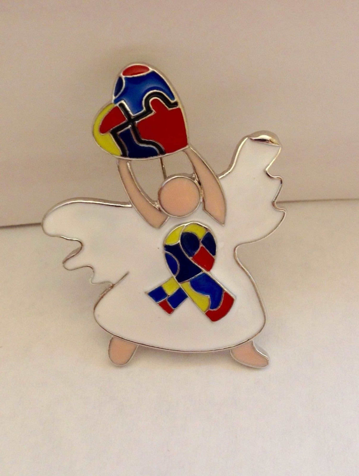 2 Autism Awareness Angel Brooches with White Dresses and Hearts - The House of Awareness