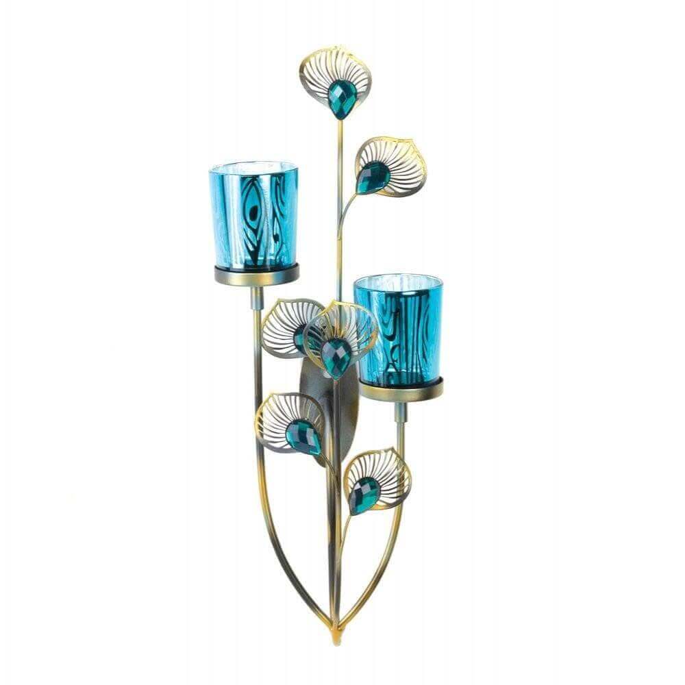2 Peacock Plume Candle Wall Sconces - The House of Awareness