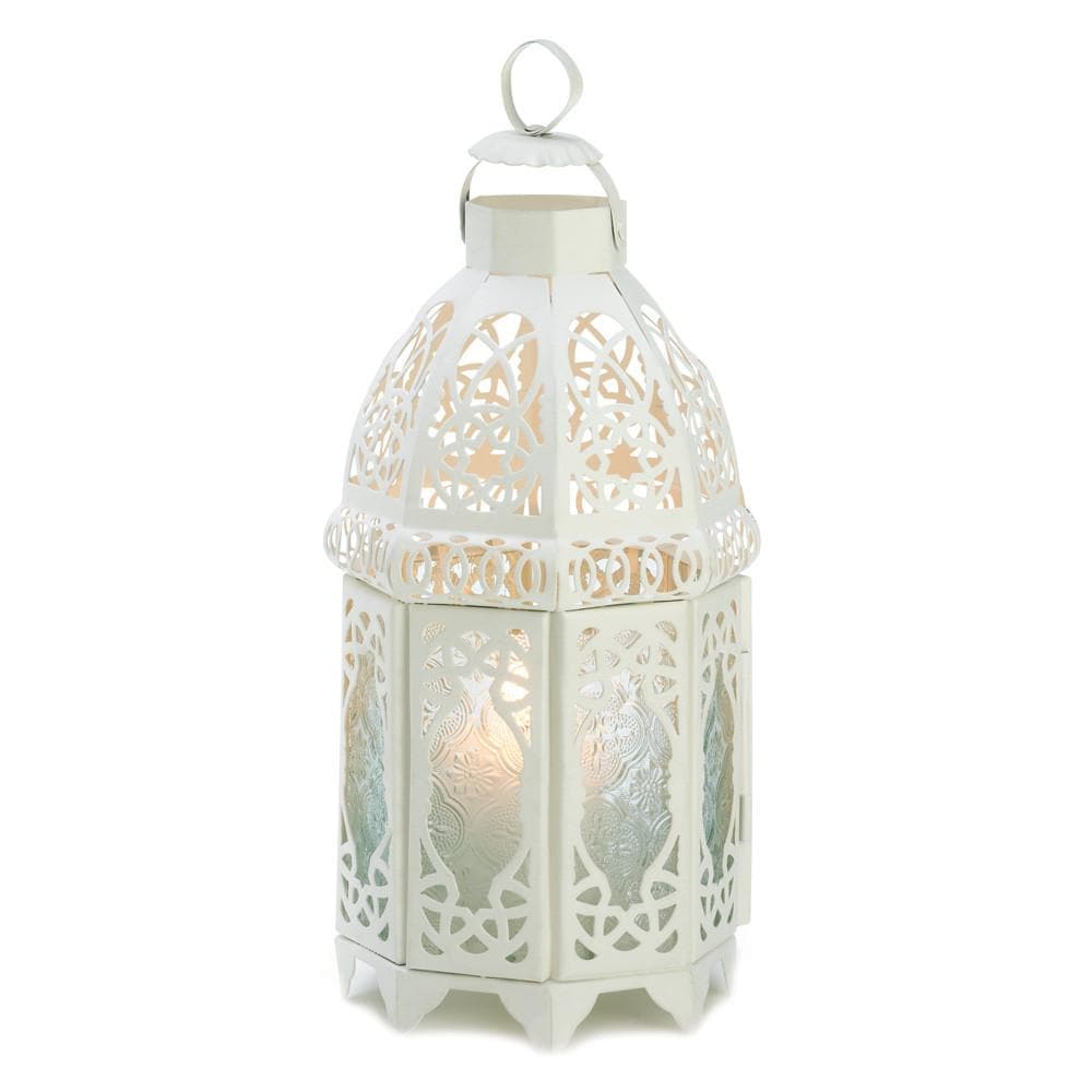 Set of 2 White Moroccan Style Lanterns with 2 White Led Tea Lights with Timer - The House of Awareness