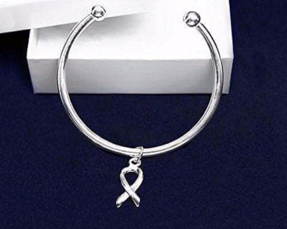Silver Ribbon Bracelet- Bangle w/ Floating Ribbon Charm for Mental Awareness - The House of Awareness