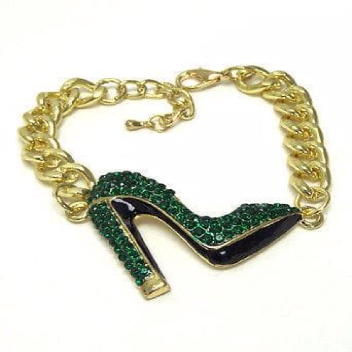 Green Crystal high heel and thick gold chain bracelet - The House of Awareness