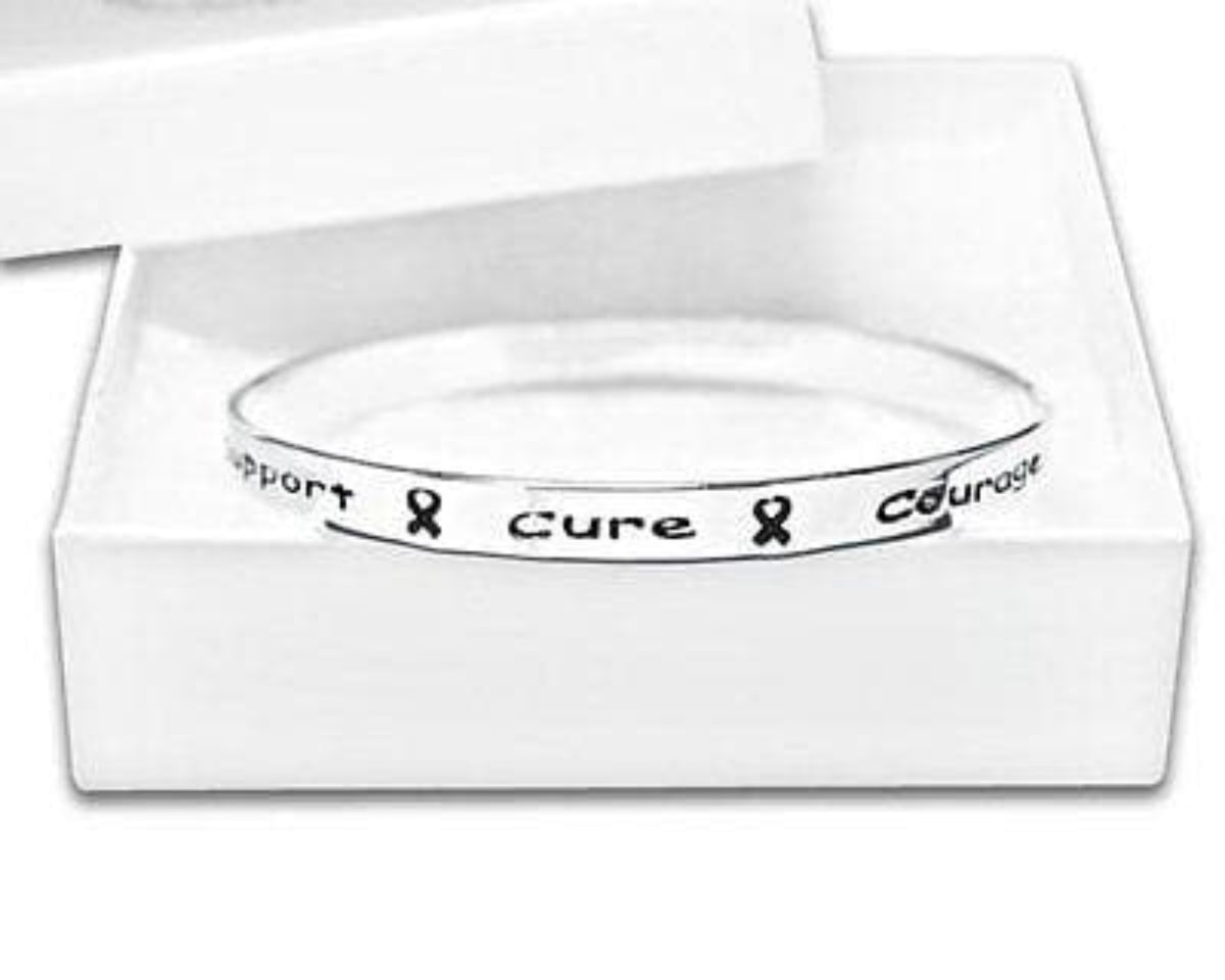 Cancer Awareness Silver Ribbon Bangle Words Support, Cure, Hope, Courage - The House of Awareness