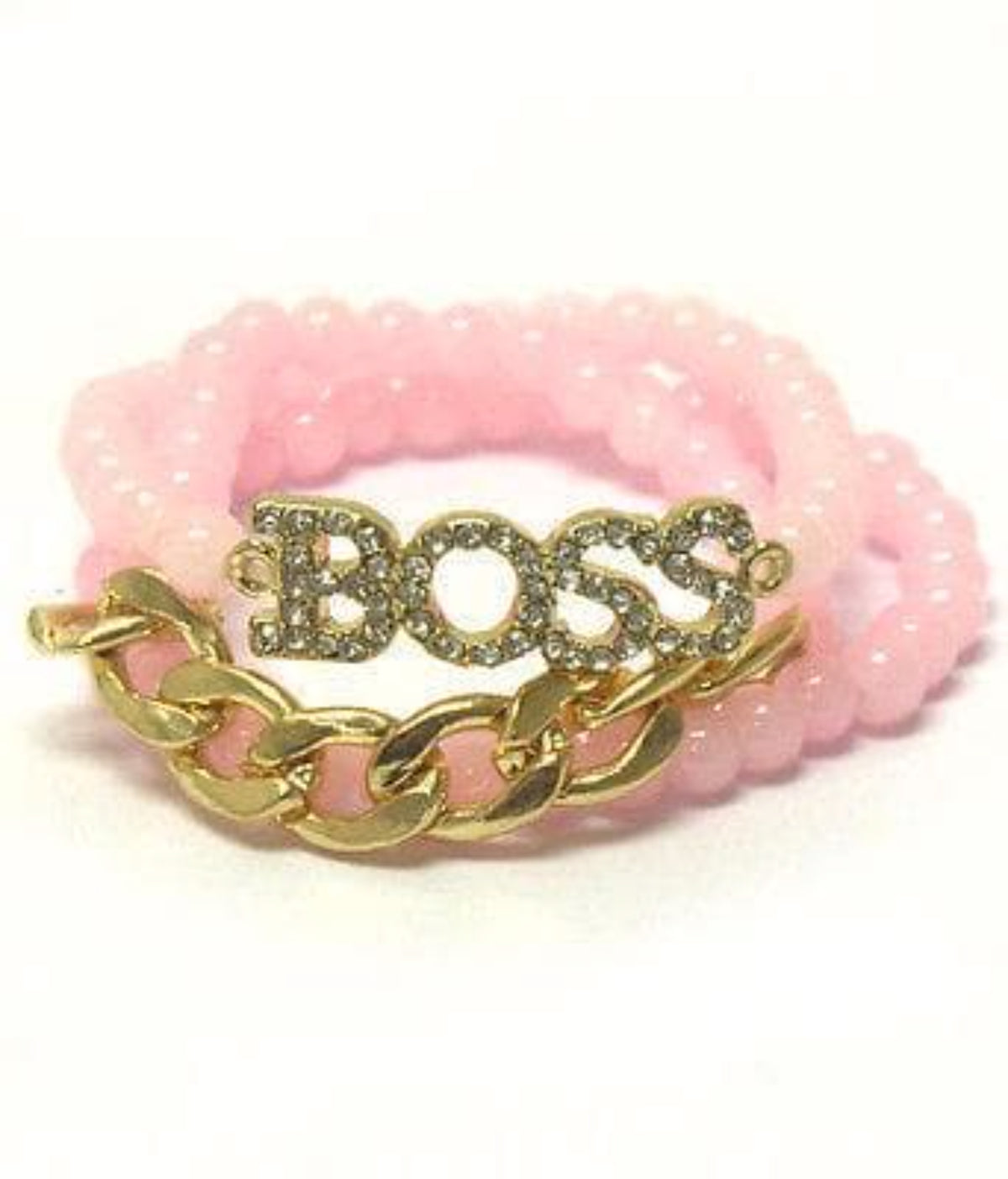 Crystal with word Boss and thick chain accent stretch pink bracelet set of 3 - The House of Awareness