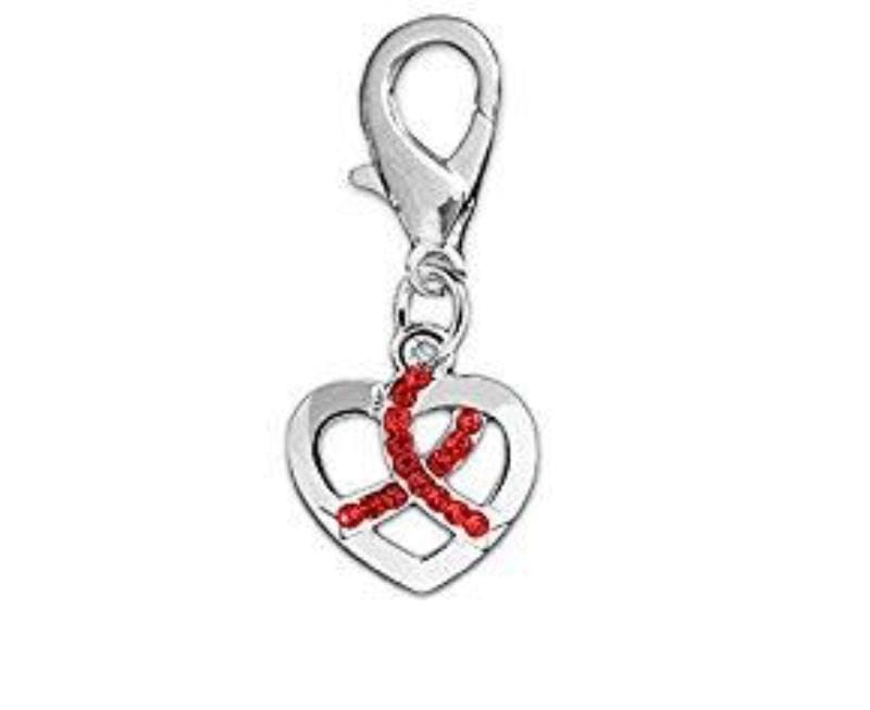 Crystal Red Ribbon Silver Heart Hanging Charm for Causes - The House of Awareness