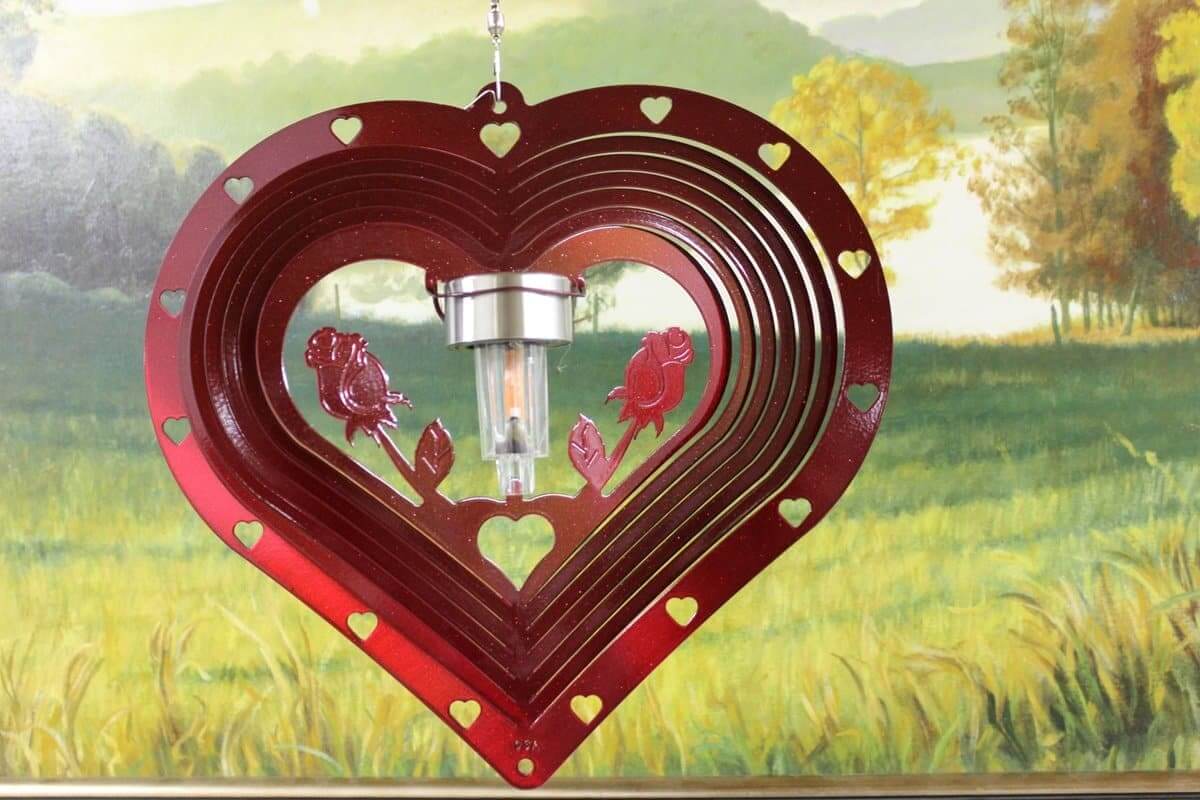 12" Solar Light Red Heart and Roses Wind Spinner-The House of Awareness