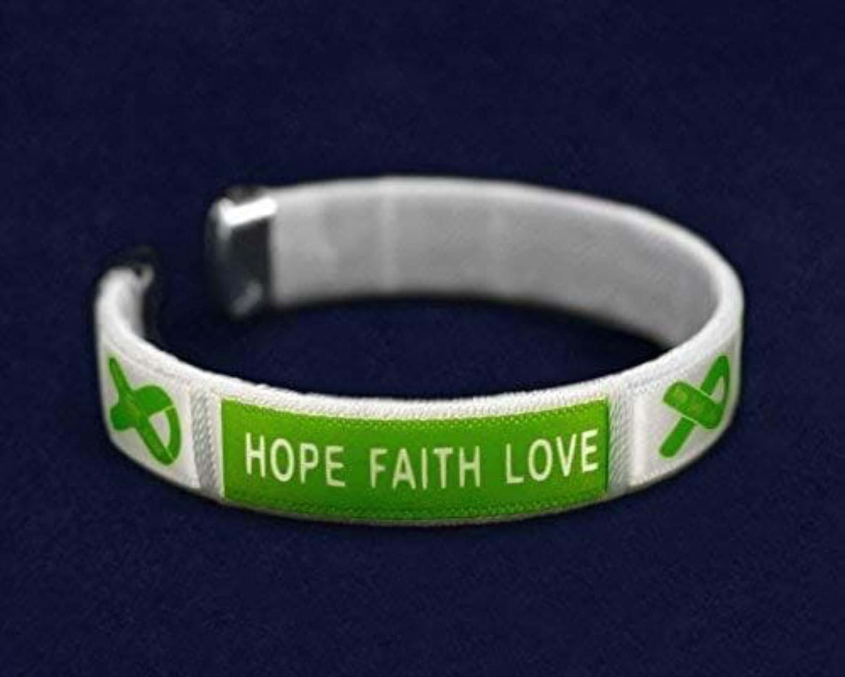 Mental Health Awareness Green Ribbon Fabric Bangle Bracelet - Hope, Faith, Love - The House of Awareness