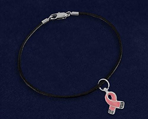 Small Pink Ribbon Charm on Black Cord Bracelet for Breast Cancer - The House of Awareness