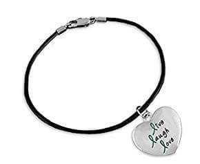 Teal Live Laugh Love Heart Charm on Black Cord Bracelet for Cancer - The House of Awareness