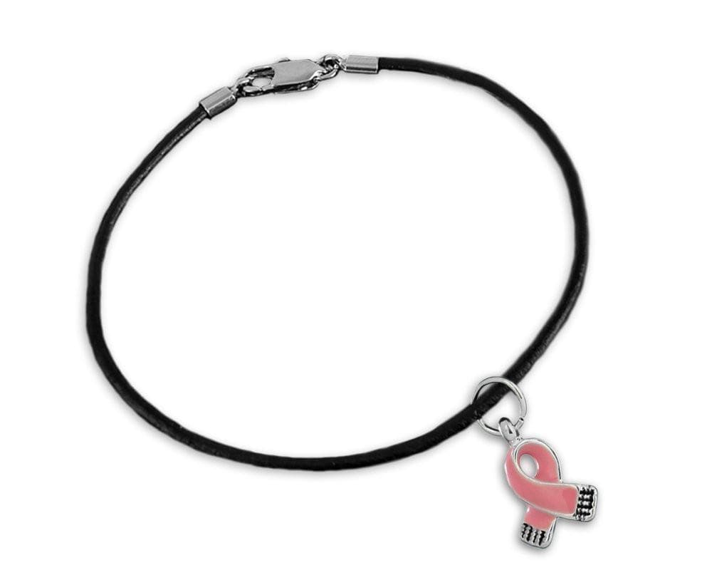 Small Pink Ribbon Charm on Black Cord Bracelet for Breast Cancer - The House of Awareness