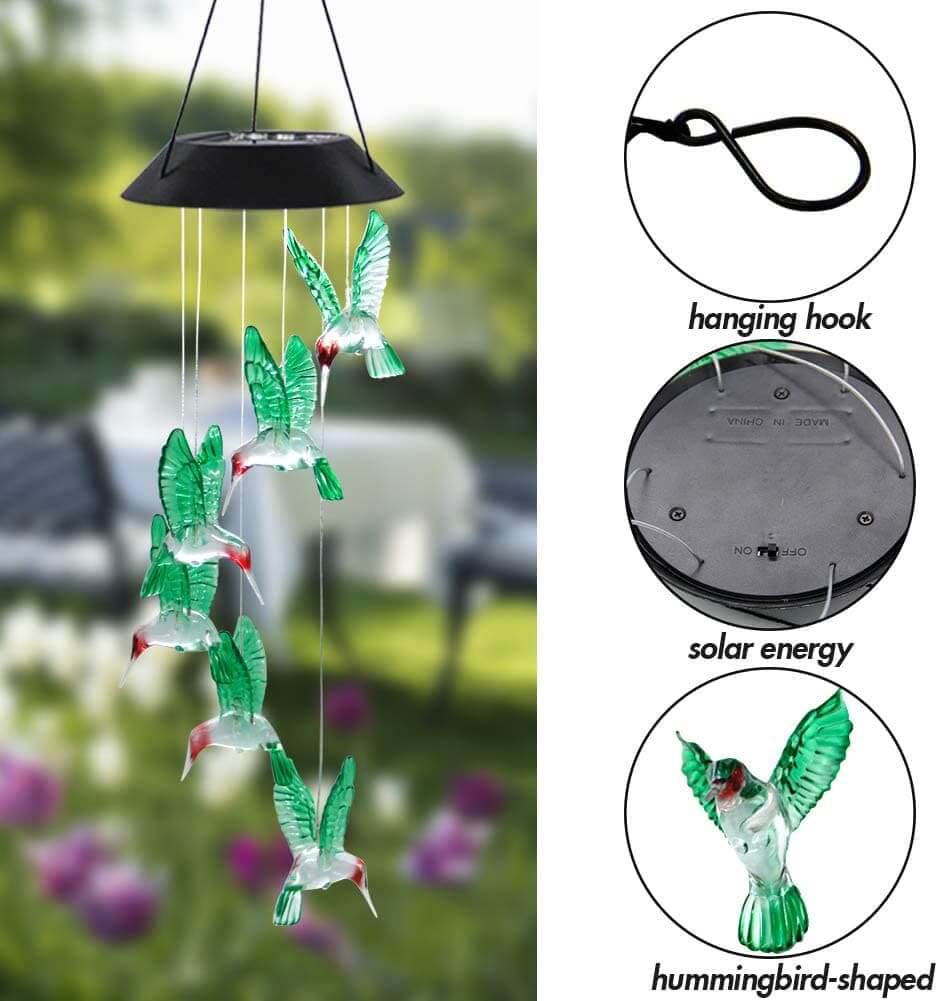 Colorful Solar Six Hummingbird Wind Chimes- The House of Awareness