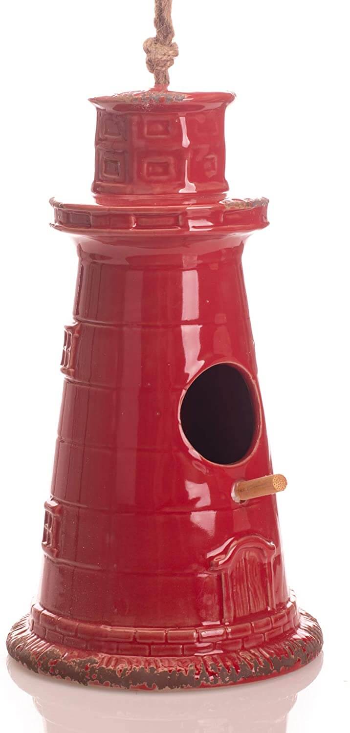 Nautical Lighthouse Glossy Ceramic Birdhouse with Twine Hanger