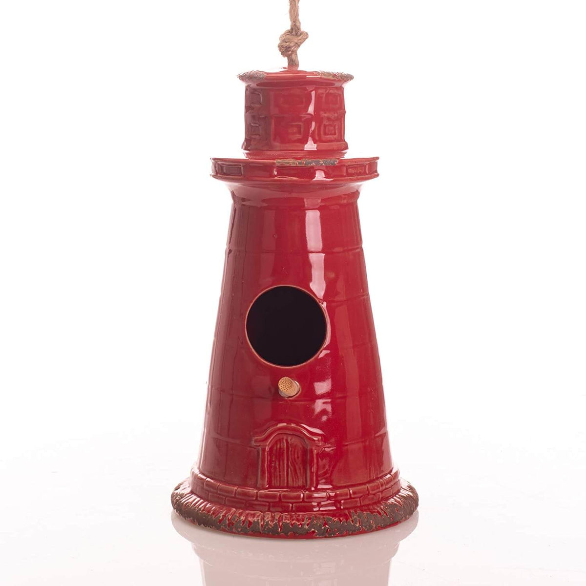 Nautical Lighthouse Glossy Ceramic Birdhouse with Twine Hanger