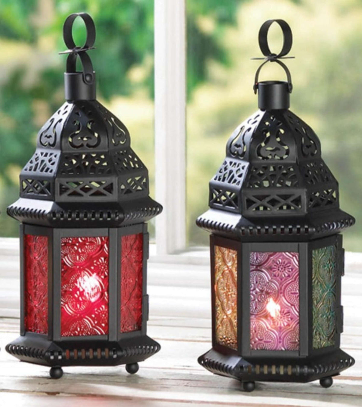 Rainbow and Red Glass Moroccan Lanterns