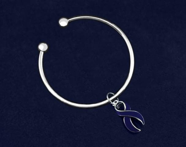 Open Bangle Bracelet with Dark Blue Ribbon Charm for Causes - The House of Awareness