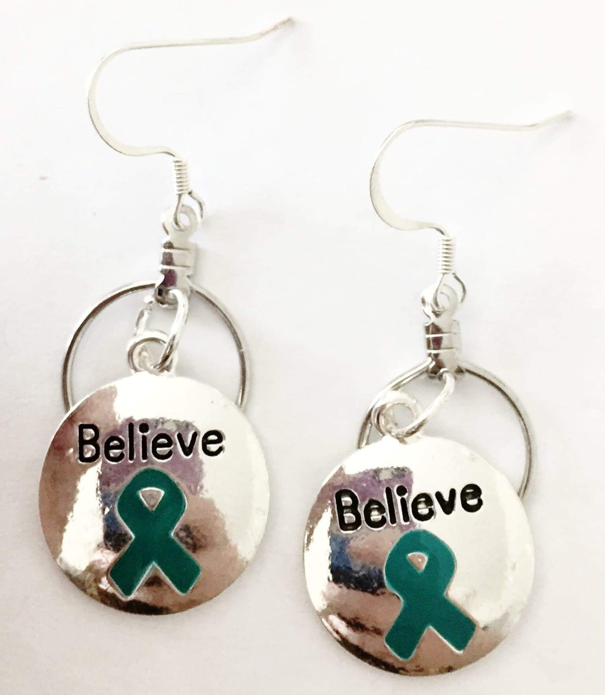 Teal Ribbon Believe Charm Small Hooped Earrings for Cancer - The House of Awareness