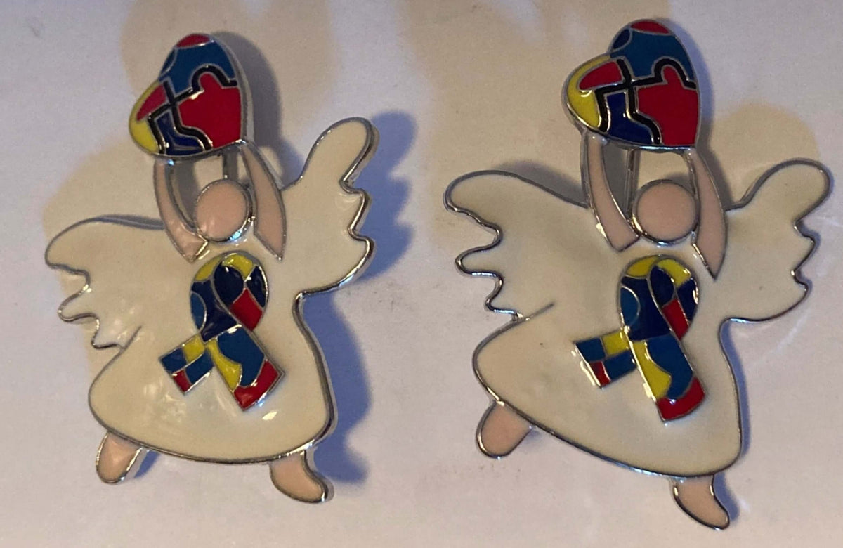 2 Autism Awareness Angel Brooches with White Dresses and Hearts