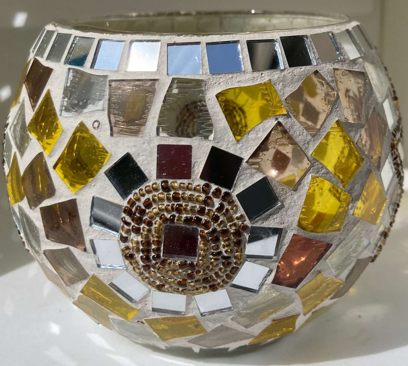 Mosaic Silver and Brown Circle and Star Candle Holder- The House of Awareness