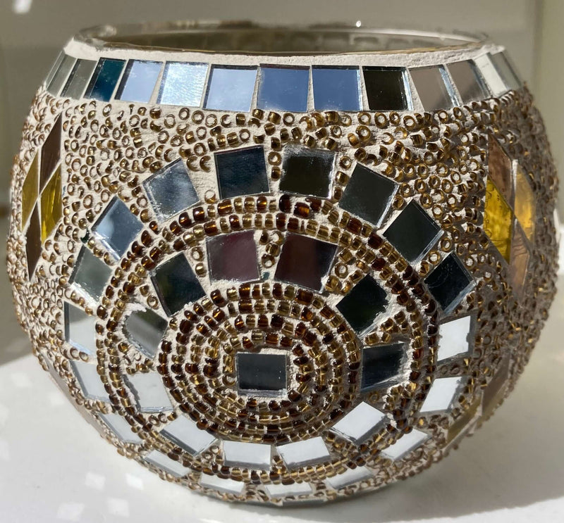 Mosaic Silver and Brown Circle and Pointed Star Candle Holder- The House of Awareness