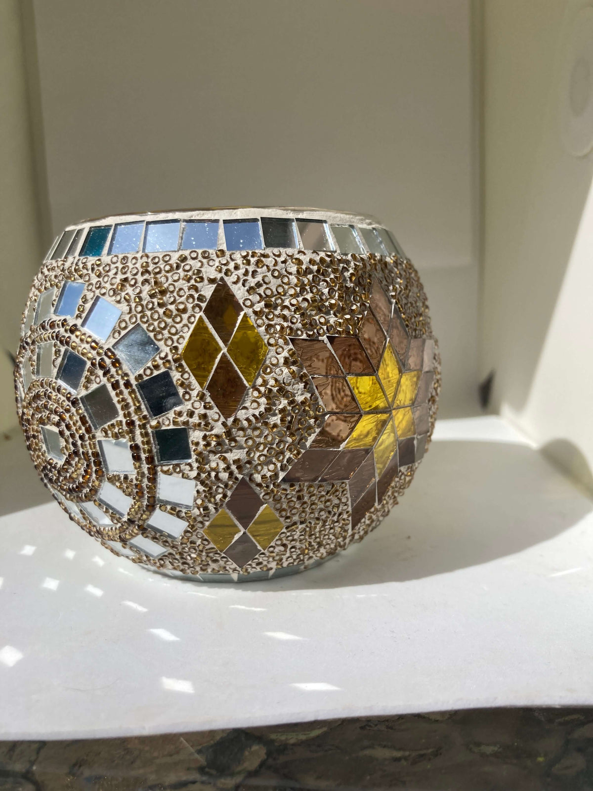 Mosaic Silver and Brown Circle and Star Candle Holder