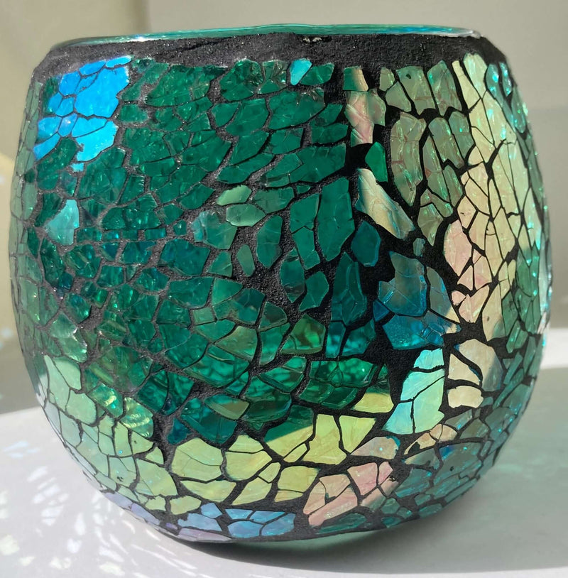 Mosaic Glass Green Crackled Candle Holder- The House of Awareness