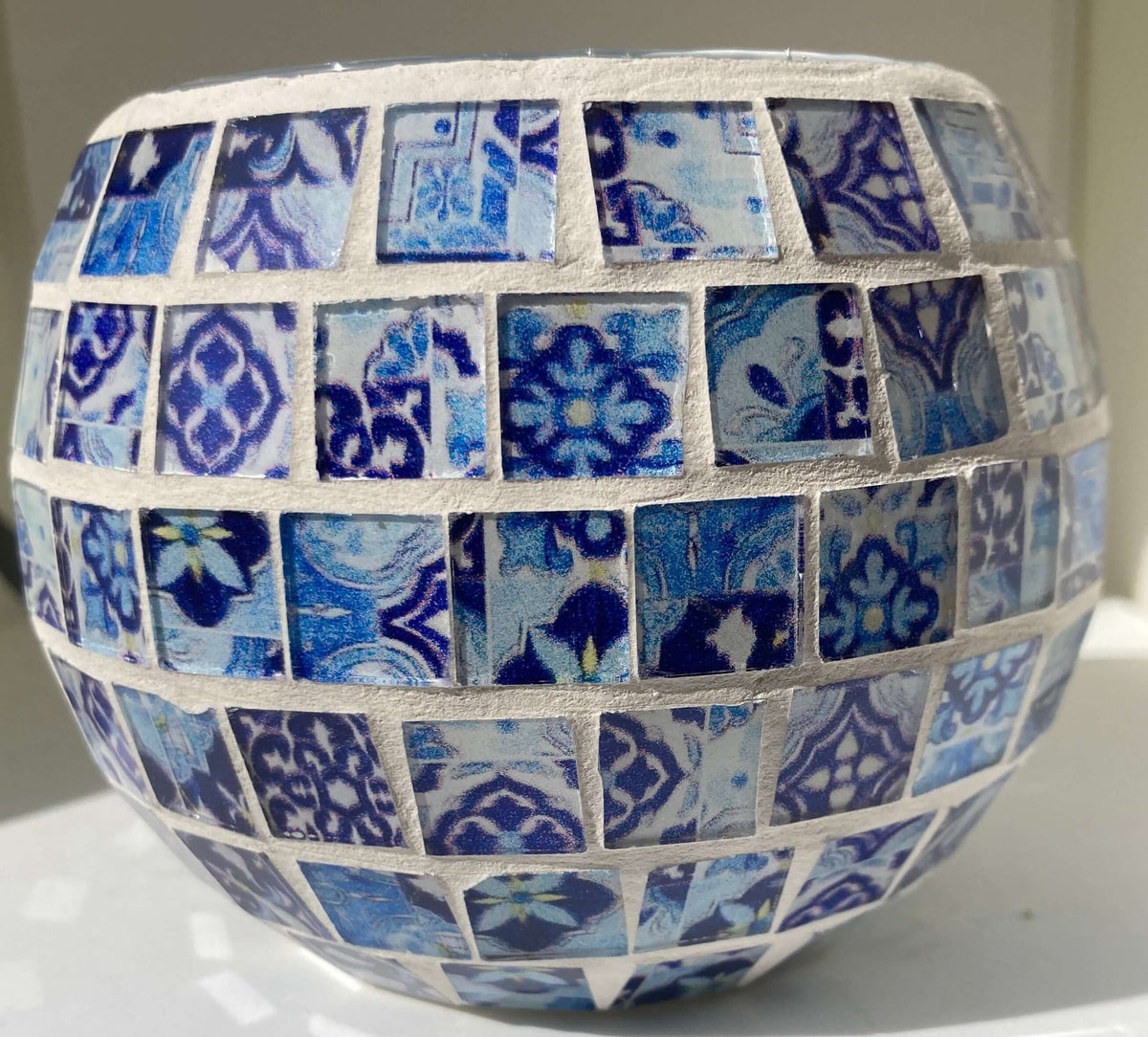 Mosaic Glass Floral Blue Candle Holder