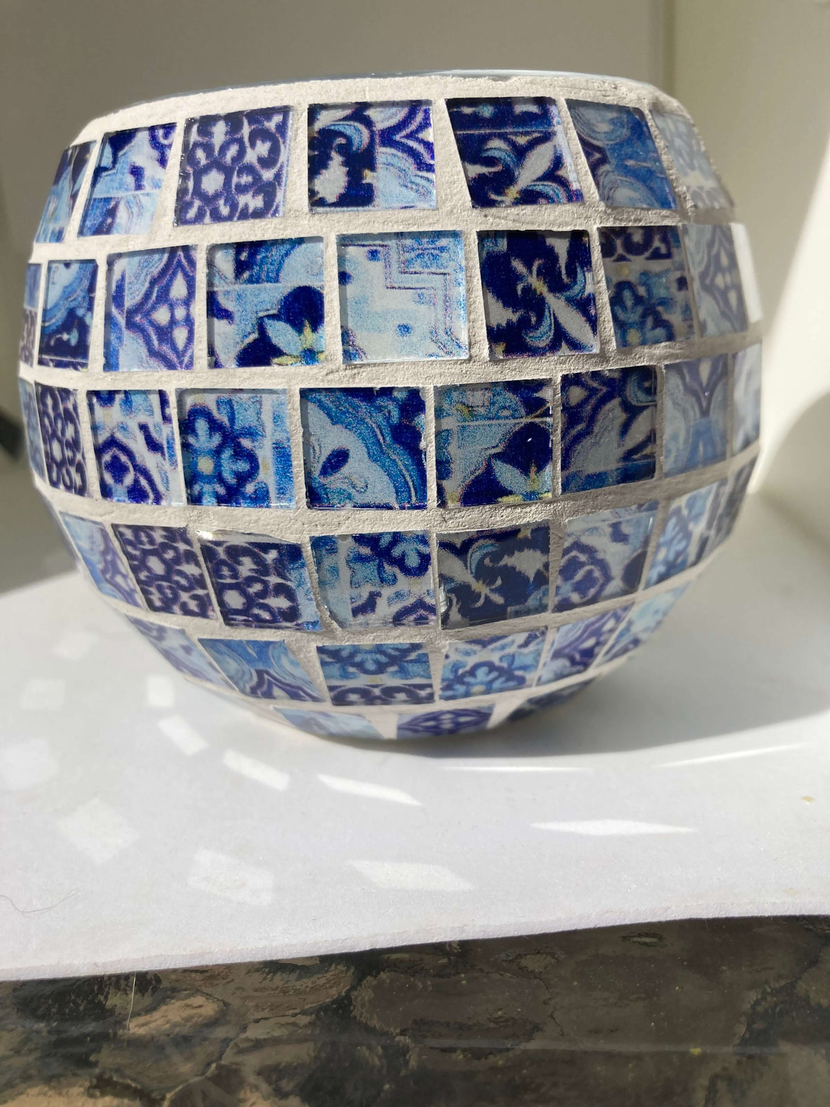 Mosaic Glass Floral Blue Candle Holder- The House of Awareness