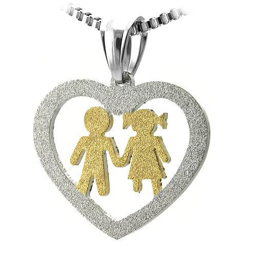 Stainless Steel Cut Out Heart Pendant w/ Gold Boy and Girl Holding Hands - The House of Awareness