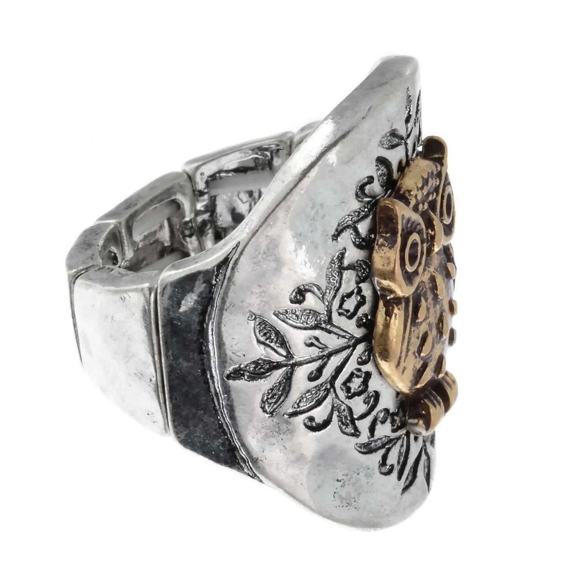 Two Toned Hammered Owl Design Stretch Ring
