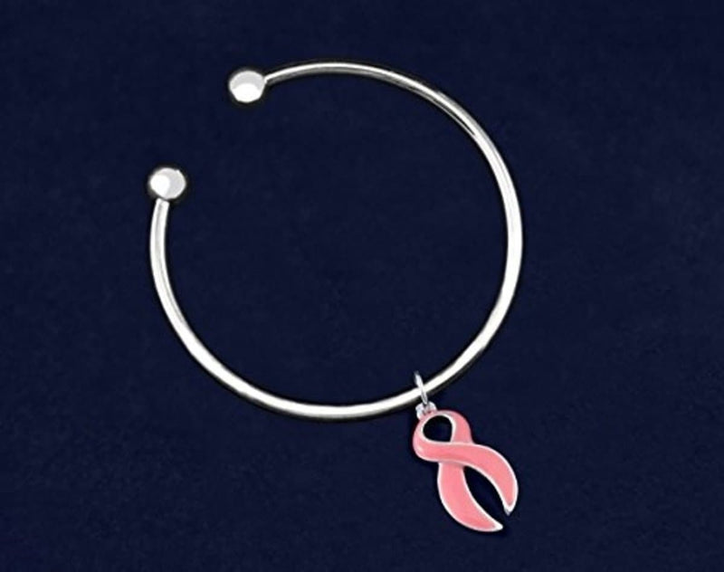Breast Cancer Open Bangle Bracelet with Large Pink Ribbon Charm - The House of Awareness