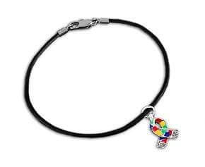 Small Autism Ribbon Charm on Black Cord Bracelet - The House of Awareness