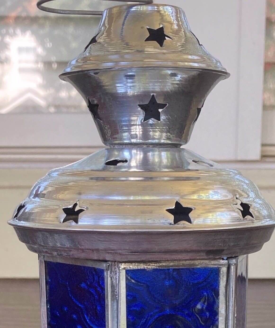 Blue Glass and Silver with Stars Lantern