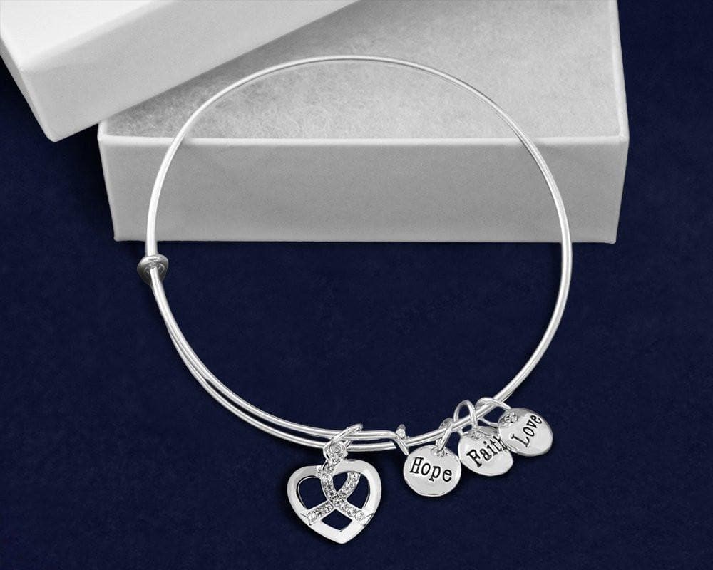 White Crystal Ribbon Retractable Charm Bracelet for Causes - The House of Awareness