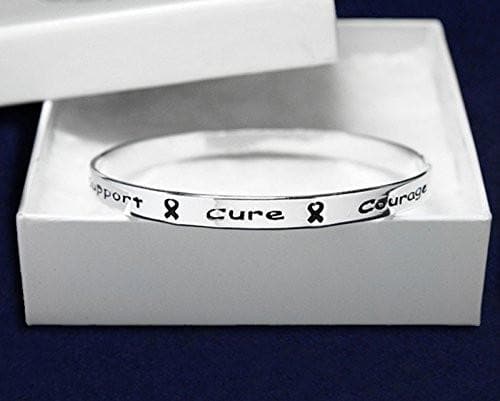 Silver Ribbon Bangle Bracelet with words Support, Cure, Hope, Courage for all causes with Gift Box - The House of Awareness