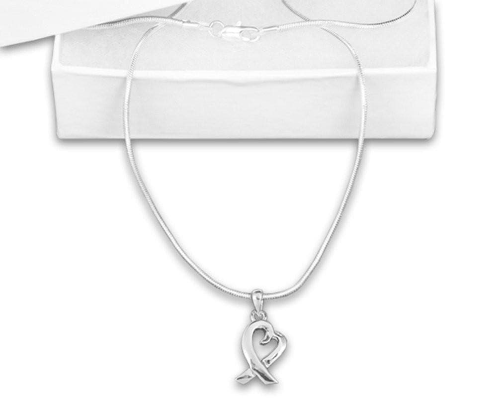 Silver Heart Ribbon Necklace for Cancer Awareness - The House of Awareness