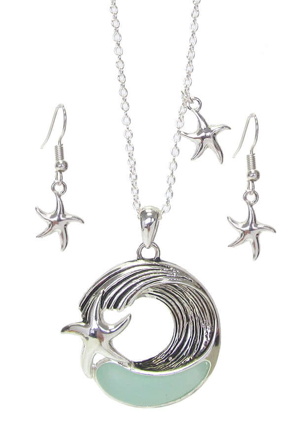 Sea Glass Starfish and Wave Pendant Necklace Set
