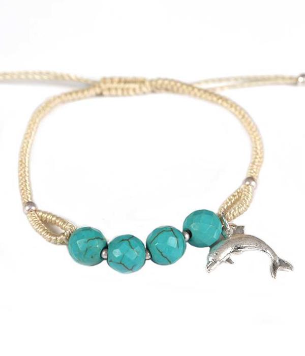 Dolphin Semi Precious Stone Sea life Theme Pull Tie Bracelet - The House of Awareness