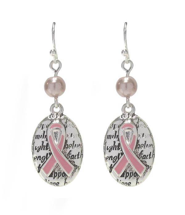 Breast Cancer Awareness Pink Ribbon Oval Drop Earring - The House of Awareness
