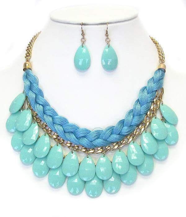 Fabric Rope and Chain Mix Double Acrylic Teardrop Necklace Earring Set - The House of Awareness