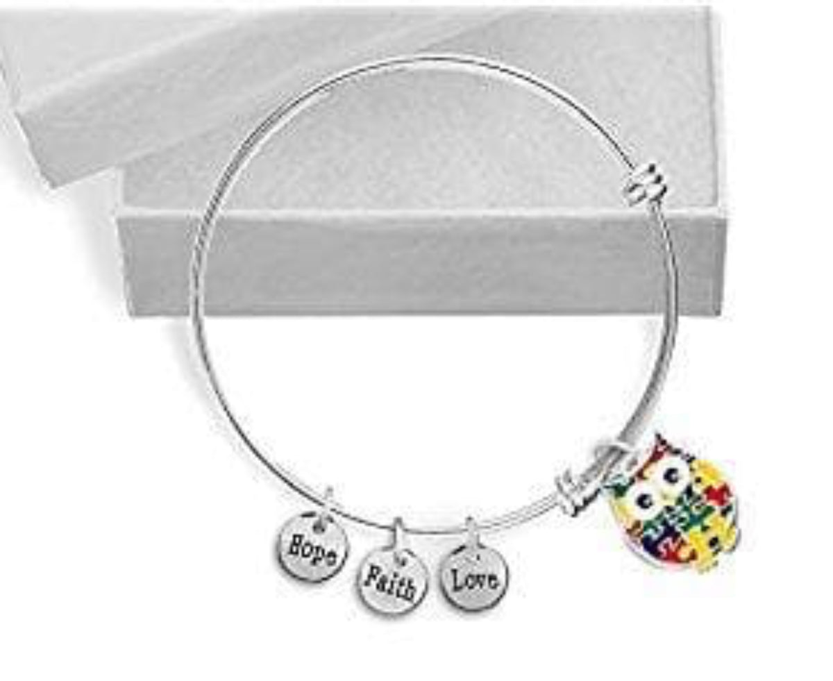 Autism Owl Puzzle Piece Stainless Steel Retractable Charm Bracelet - The House of Awareness